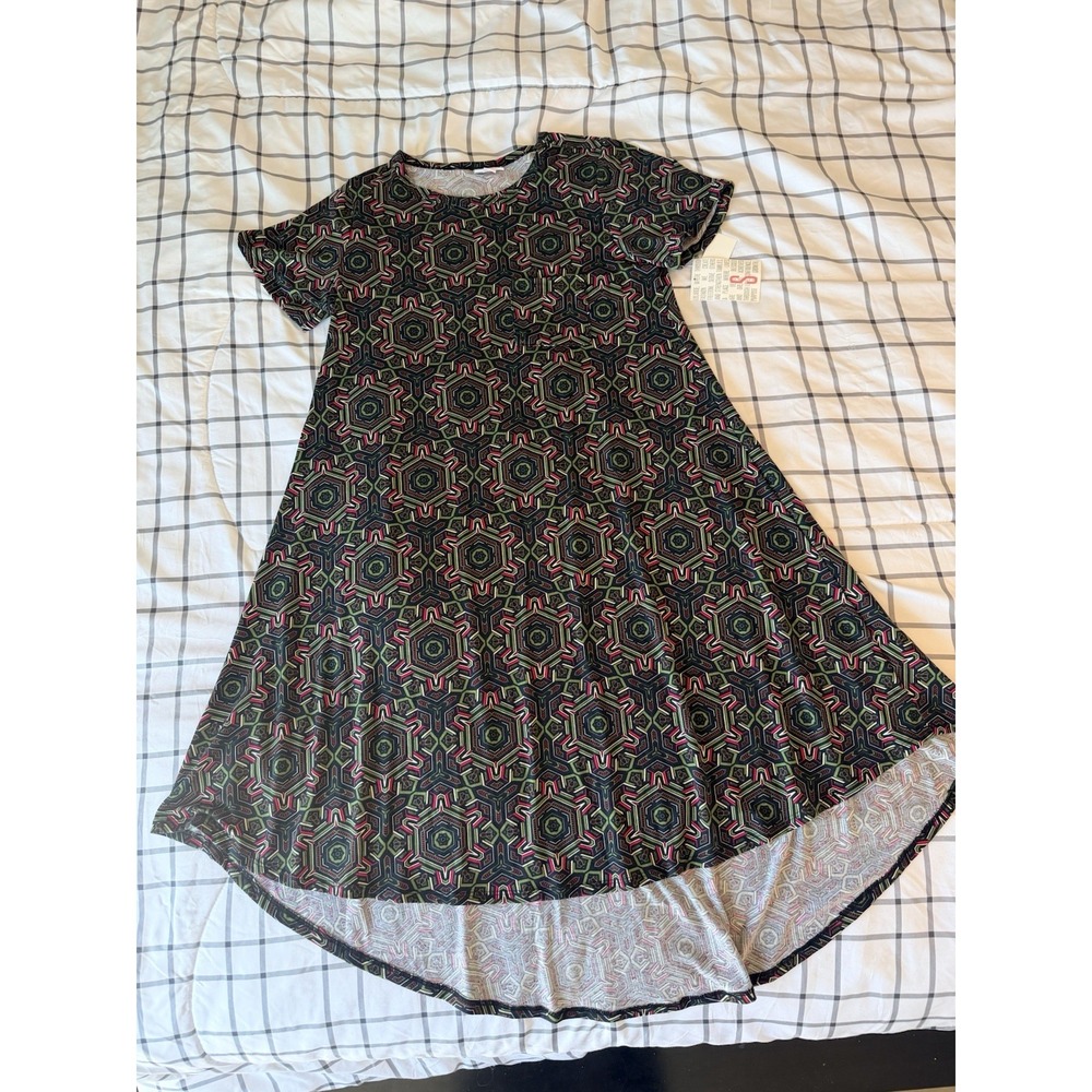NWT Lularoe Dress S Carly Geometric Pattern Up Down Hem Red Green, Black White